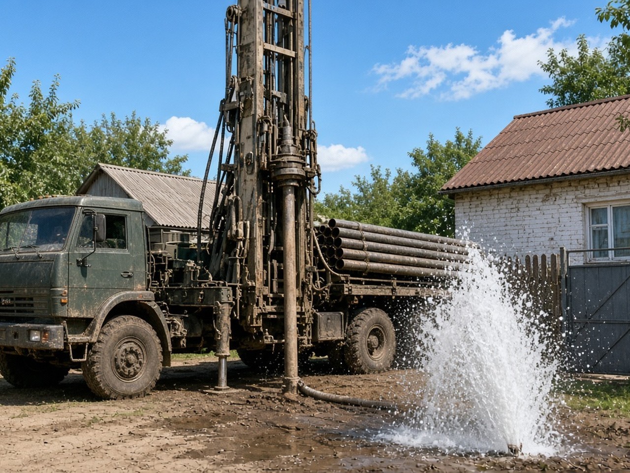 Буровая техника на объекте — скважина на воду